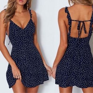 Navy and white polka dot sun dress